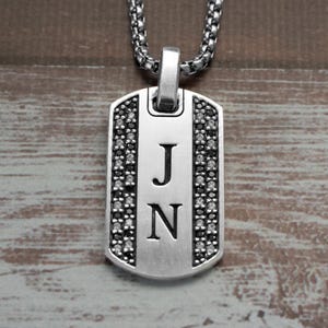 Mens Dog Tag Pendant Necklace Silver, Handcrafted Initial Pendant Gift for Him, Black & White Diamonds Necklace Men, Unique Gift for Husband