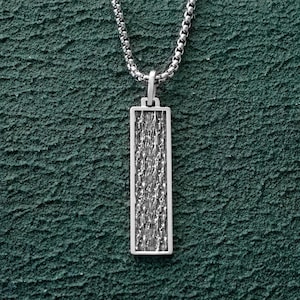 Mens Bar Pendant Hammered Silver Texture Brutal Ingot Necklace for Men Elegant Long Dog Tag & Masculine Oxidized Surface Unique Gift for Guy
