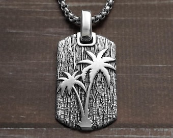Mens Palm Tree Dog Tag Pendant Necklace, Chill-Out Gift for Him, Inspired by Beach and Ocean Necklace, Tree Bark Pattern Pendant for Husband