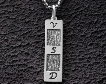 Mens personalized necklace, silver bar pendant for him, three initials engraved tag
