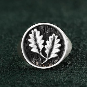 Oak Leaves Mens Signet Ring Sterling Silver Bold Nature Inspired Round Ring for Men Tree Bark & Leaf Handmade Solid Back Signet Ring for Him