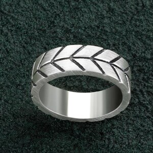Masculine Chevron Ring Sterling Silver, Brutalist Military Design Wedding Band for Him