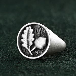 Mens Signet Ring Sterling Silver with Acorn and Oak Leaf on Round Head Unique Forest Nature inspired Ring for Him Unique Anniversary Gift