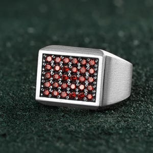 Mens Garnet Signet Ring Sterling Silver Rectangle Shape Solid Back Red Stones Ring for Men Unique January Birthstone Jewelry Gift for Him