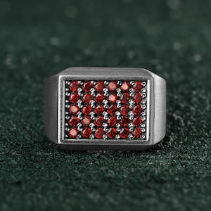 Red Garnet CZ Sterling Silver Mens Signet Ring, Bold Design Ring