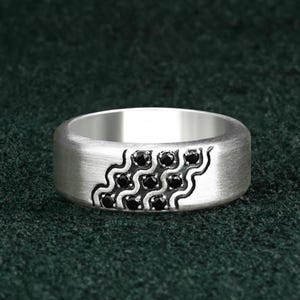 Mens black stones wedding band, sterling silver promise ring for him, 25th anniversary jewelry