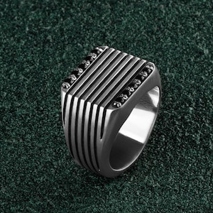 Mens Bold Signet Ring Black Diamonds and Sterling Silver Handcrafted Solid Back Unique Everyday Square Signet Ring for Him Anniversary Gift