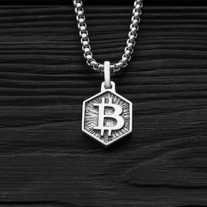 Sterling Silver Bitcoin Necklace, Mens Hexagon Pendant, Cryptocurrency Jewelry for Him