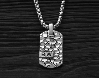 Mens textured rustic pendant, everyday silver dog tag necklace, brutalist jewelry