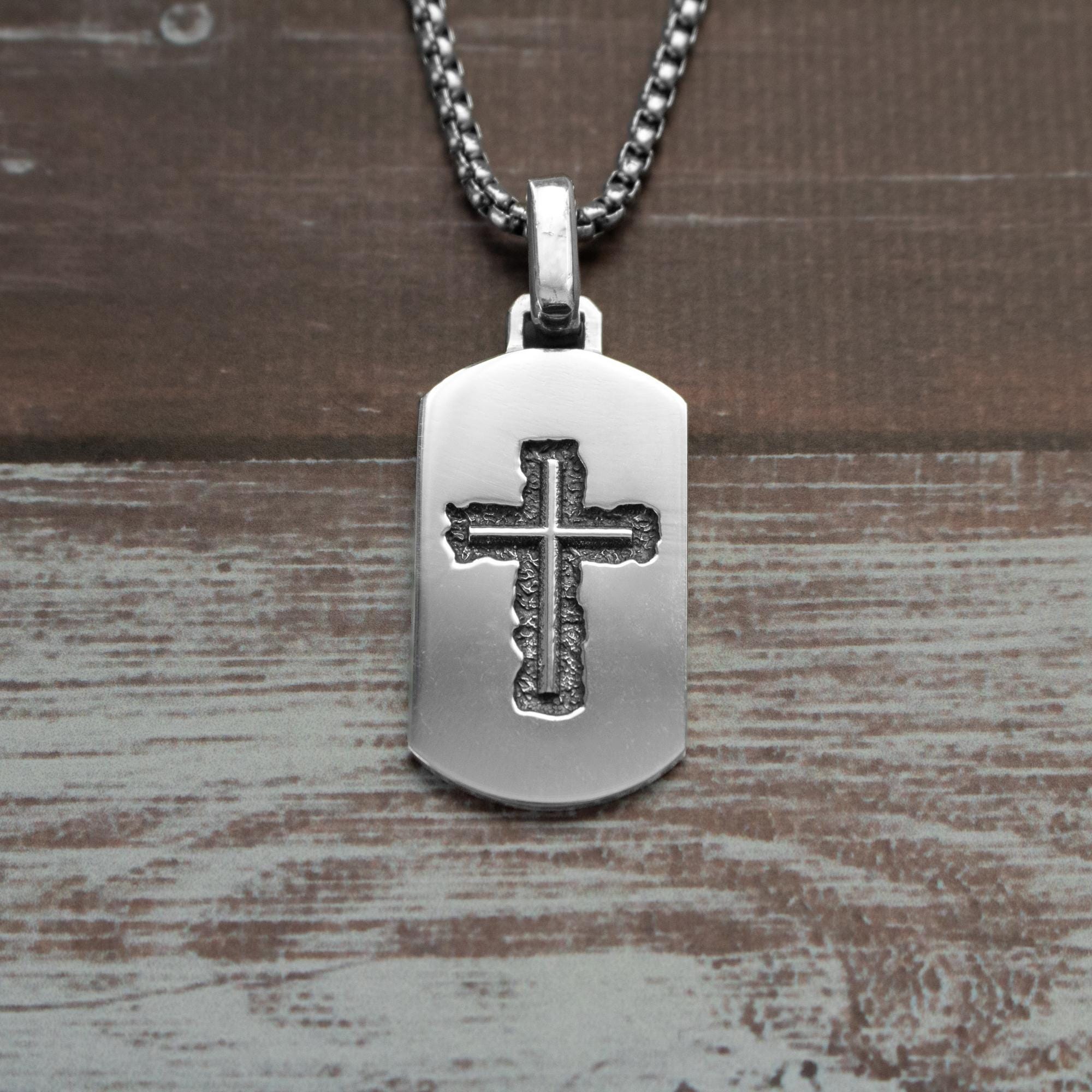 Mens Cross Pendant Necklace Silver, Unusual Dog Tag Pendant Gift for Him, Religious Meaningful Gift for Father and Son, Handcrafted Jewelry