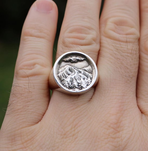 Sky and Mountains Mens Signet Ring Silver Unique Engraved Nature