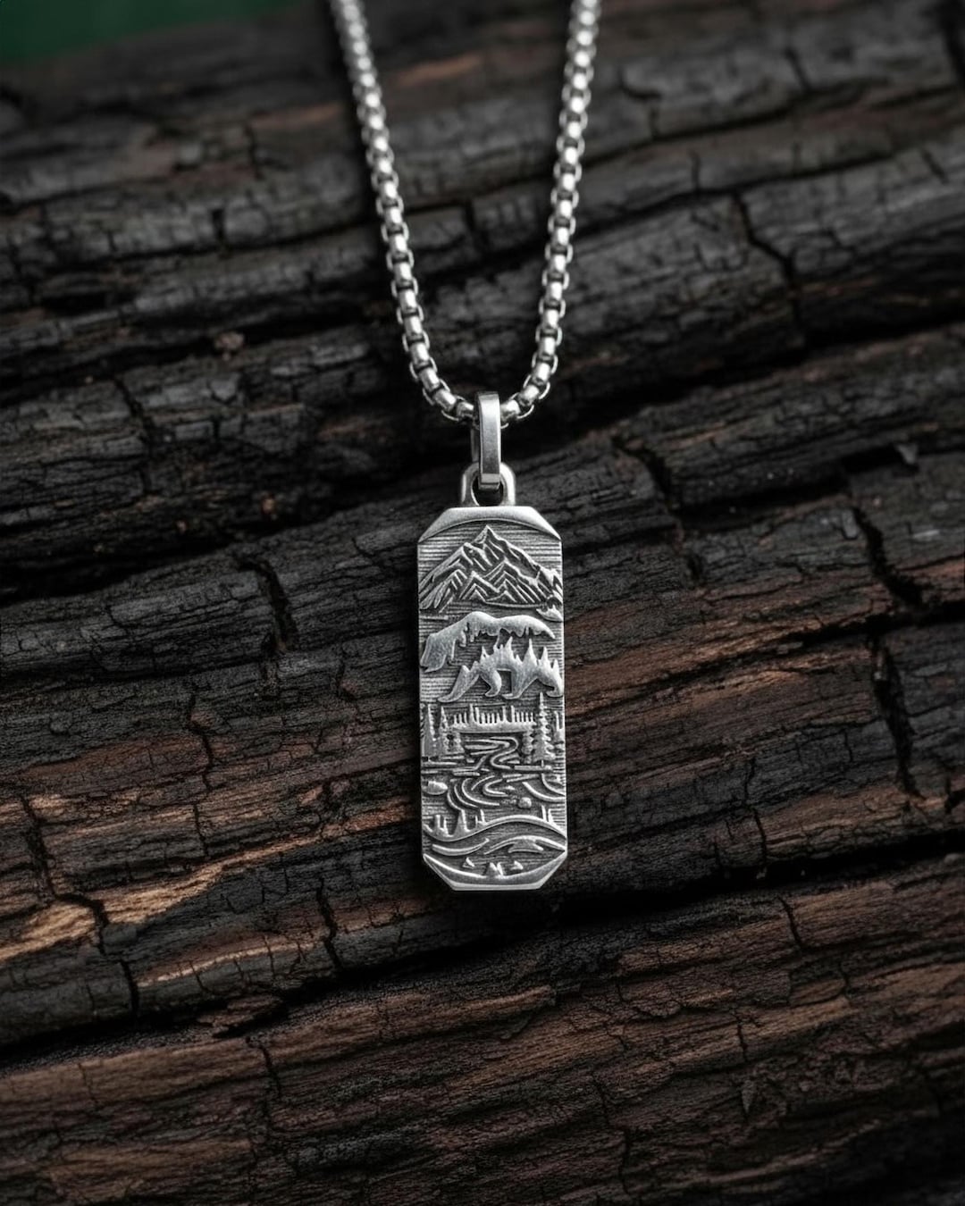 Sterling Silver Bear Mountain Pendant Necklace, Masculine Amulet