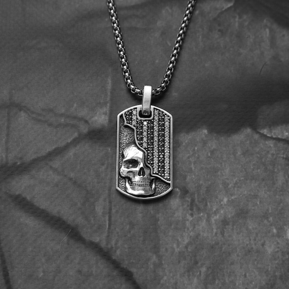 Bold Skull and Diamonds Pendant Necklace Sterling Silver Unique