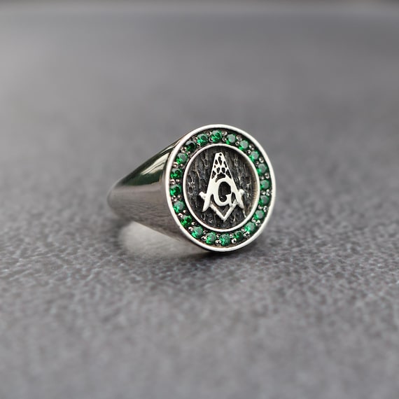 Mens Masonic Emerald Signet Ring Silver Engraved Monogram