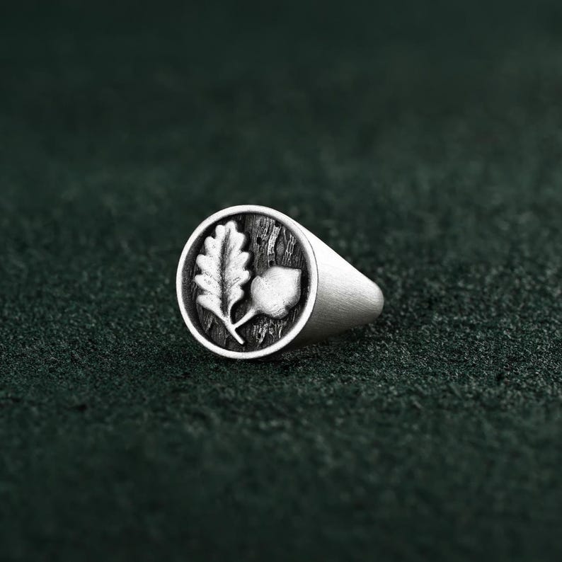 Oak Leaf Acorn Signet Ring, Oxidized Sterling Silver Nature Ring - Etsy