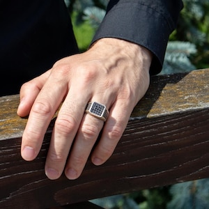 Mens Silver Signet Ring with Black Diamonds, Durable & Heavy Solid Back Signet Ring for Him, Hand set Pave Diamonds Unique Gift for Husband
