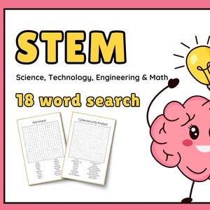 Pode incluir: Gráfico educacional rosa e branco com o tema STEM com as palavras "STEM" e "18 pesquisas de palavras". Inclui um cérebro de desenho animado segurando uma lâmpada e dois quebra-cabeças de pesquisa de palavras rotulados como "Astronauta" e "Analista de segurança cibernética".
