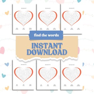 Peut inclure: Plusieurs jeux de recherche de mots en forme de c&oelig;ur avec un contour orange sur fond blanc. Le texte "find the words" est au-dessus des mots "INSTANT DOWNLOAD". Des c&oelig;urs pastel d&eacute;corent l'arri&egrave;re-plan.