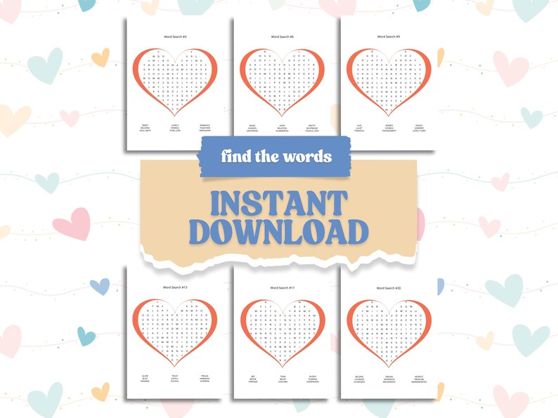 Peut inclure: Plusieurs jeux de recherche de mots en forme de c&oelig;ur avec un contour orange sur fond blanc. Le texte "find the words" est au-dessus des mots "INSTANT DOWNLOAD". Des c&oelig;urs pastel d&eacute;corent l'arri&egrave;re-plan.