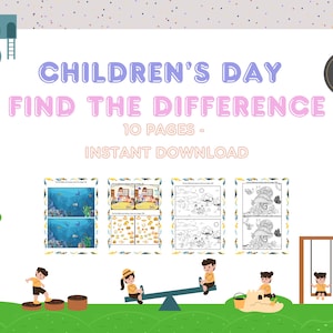 Spot the Difference Activity Pages – Fun Printable Game for Kids – 5 Color and 5 B&W to Color – PDF + PNG