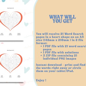 Peut inclure: Deux pages blanches avec des jeux de mots en forme de c&oelig;ur rouges. Le texte &laquo;&nbsp;WHAT WILL YOU GET&nbsp;&raquo; est en bleu. La description indique que vous recevrez 21 pages de recherche de mots au format A5 (148 mm x 210 mm) en 2 formats de fichiers.