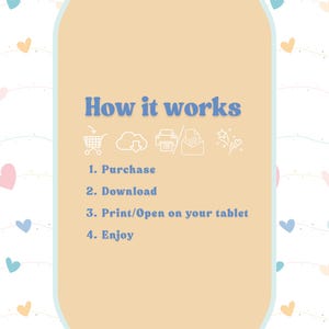 Peut inclure: Graphique beige clair avec le texte "How it works" en bleu. Les &eacute;tapes sont : Acheter, T&eacute;l&eacute;charger, Imprimer/Ouvrir sur votre tablette et Profiter. Le fond pr&eacute;sente un motif de c&oelig;urs de diff&eacute;rentes couleurs.