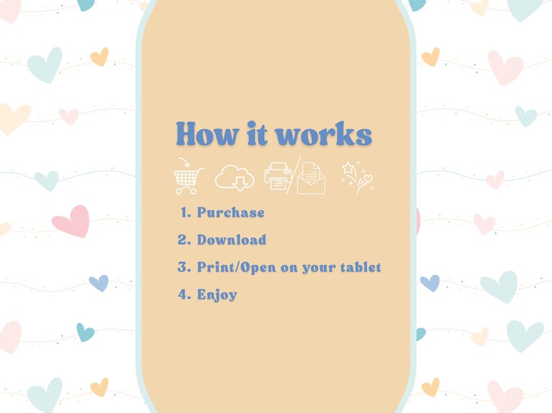 Peut inclure: Graphique beige clair avec le texte "How it works" en bleu. Les &eacute;tapes sont : Acheter, T&eacute;l&eacute;charger, Imprimer/Ouvrir sur votre tablette et Profiter. Le fond pr&eacute;sente un motif de c&oelig;urs de diff&eacute;rentes couleurs.