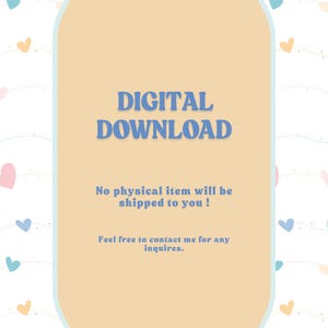 Peut inclure: Annonce de t&eacute;l&eacute;chargement num&eacute;rique avec les mots "T&Eacute;L&Eacute;CHARGEMENT NUM&Eacute;RIQUE" en bleu. Le texte "Aucun article physique ne vous sera exp&eacute;di&eacute; !" est en dessous. Le fond est beige clair avec des coeurs pastel.