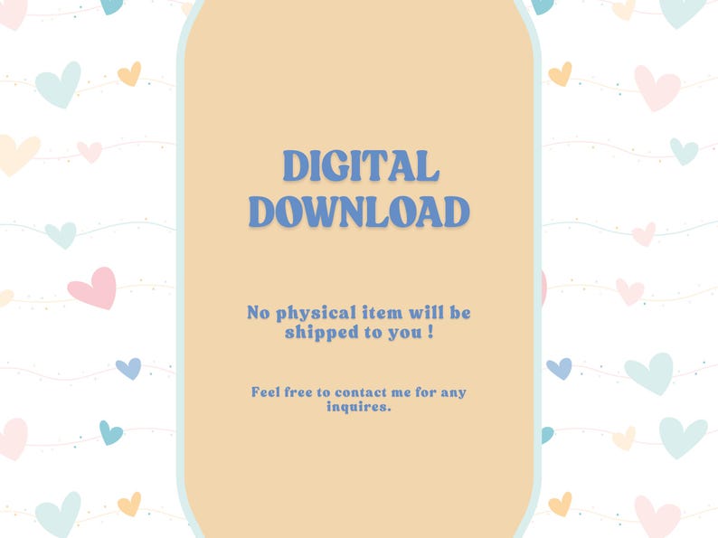 Peut inclure: Annonce de t&eacute;l&eacute;chargement num&eacute;rique avec les mots "T&Eacute;L&Eacute;CHARGEMENT NUM&Eacute;RIQUE" en bleu. Le texte "Aucun article physique ne vous sera exp&eacute;di&eacute; !" est en dessous. Le fond est beige clair avec des coeurs pastel.