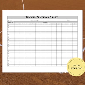 May include: A white Pitcher Tendency Chart for baseball, featuring a grid to record pitching data. The chart includes sections for opponent, player, and counts. The text "Digital Download" is on a yellow circle.