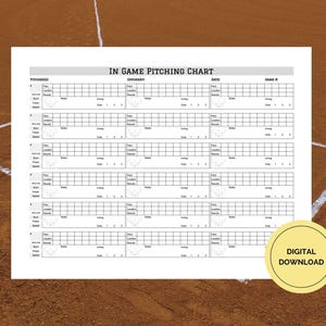 May include: A white paper document titled In Game Pitching Chart with black grid lines and text fields for tracking pitch location, results, and speed. A yellow circular badge in the bottom right corner contains the text Digital Download.