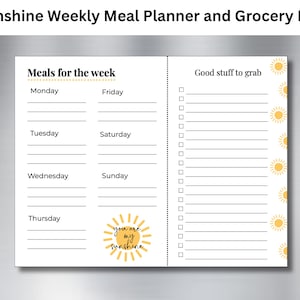 Puede incluir: Un planificador semanal de comidas y una lista de compras en blanco con el texto "Sunshine Weekly Meal Planner and Grocery List". El planificador tiene secciones para cada día de la semana y una sección de lista de compras.