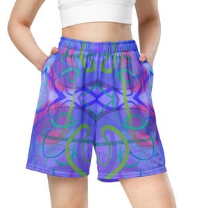 Mesh Shorts – Unisex Psychedelic Festival Shorts • Abstract Purple Green Blue Streetwear • Funky Rave Activewear