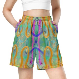 Psywave Basketball Shorts – Unisex Festival Activewear • Swirly Green Pink Orange Rave Shorts • Funky Abstract Streetwear