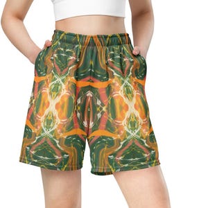 Rave Mesh Shorts – Unisex Psychedelic Festival Shorts • Green Orange Abstract Rave Wear • Trippy Boho Street Style