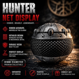 May include: A spherical Hunter Net Display collectible measuring 81mm in diameter. The object features a metallic gray finish with intricate mechanical textures, a central woven net pattern, and a series of small cylindrical protrusions along the top.