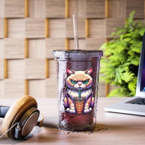 Copo de acrílico engraçado para gato, copo de gato mal-humorado, copos com desenhos animados, presente peculiar para amantes de café, copo de gatinho com atitude, copo reutilizável colorido