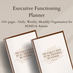 Peut inclure: Deux planificateurs reliés en spirale de couleur marron avec le texte "My Executive Functioning Planner" et le hashtag "#autisticjodes" sur la couverture.