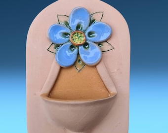 Handmade Ceramic Holy Water Font with Blue Flower – Rustic Christian Wall Decor