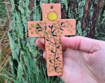Handmade Ceramic Cross: Sun & Tree of Life, Baptism Gift