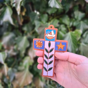Handmade Ceramic Wall Cross: Bird, Sun, Star Decoration