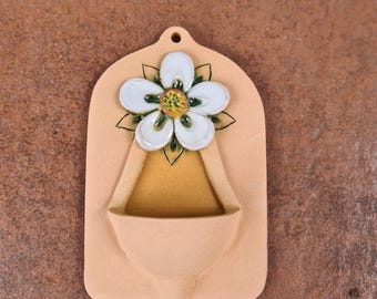 Handmade Ceramic Holy Water Font with White Flower – Rustic Christian Wall Decor