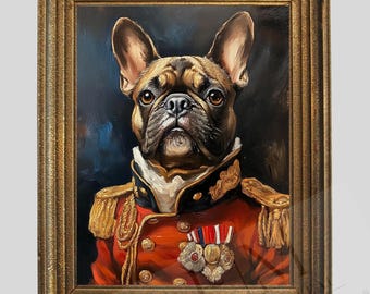 Regal French Bulldog Portrait – Military Attire, Canine Art (Digital Download)