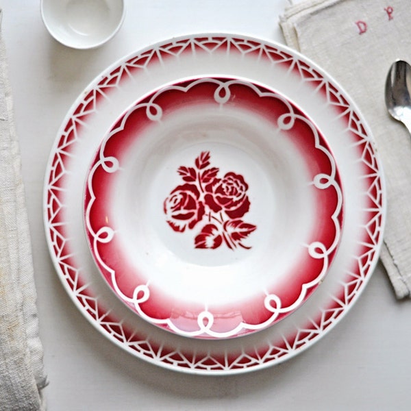 RESERVED vintage french bowl with red rose pattern