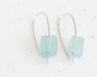 Aquamarine Modern Hook Earrings Argentium Sterling Silver March Birthstone Minimalist Jewelry