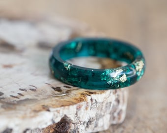 Turquoise Green Resin Ring Gold Flakes Stacking Smooth Ring OOAK