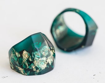 Teal Resin Ring Gold Flakes Statement Cocktail Ring OOAK