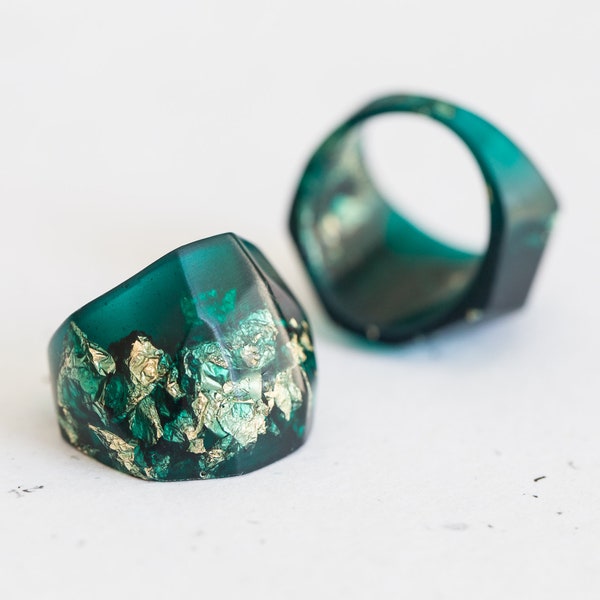 Teal Resin Ring Gold Flakes Statement Cocktail Ring OOAK
