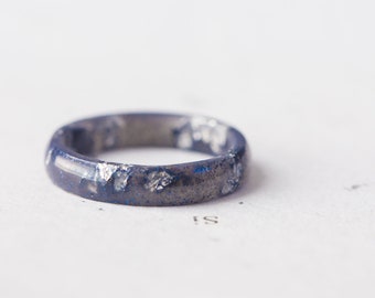 Steel Blue Resin Ring Stacking Ring Silver Small Smooth Ring OOAK size 9