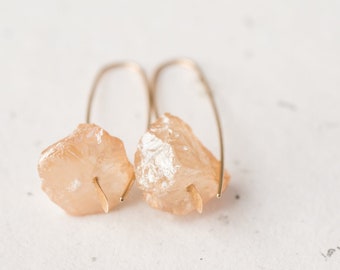 Raw Peach Quartz Modern Hook Earrings 14K Gold filled Argentuim Sterling Silver nude minimal chic